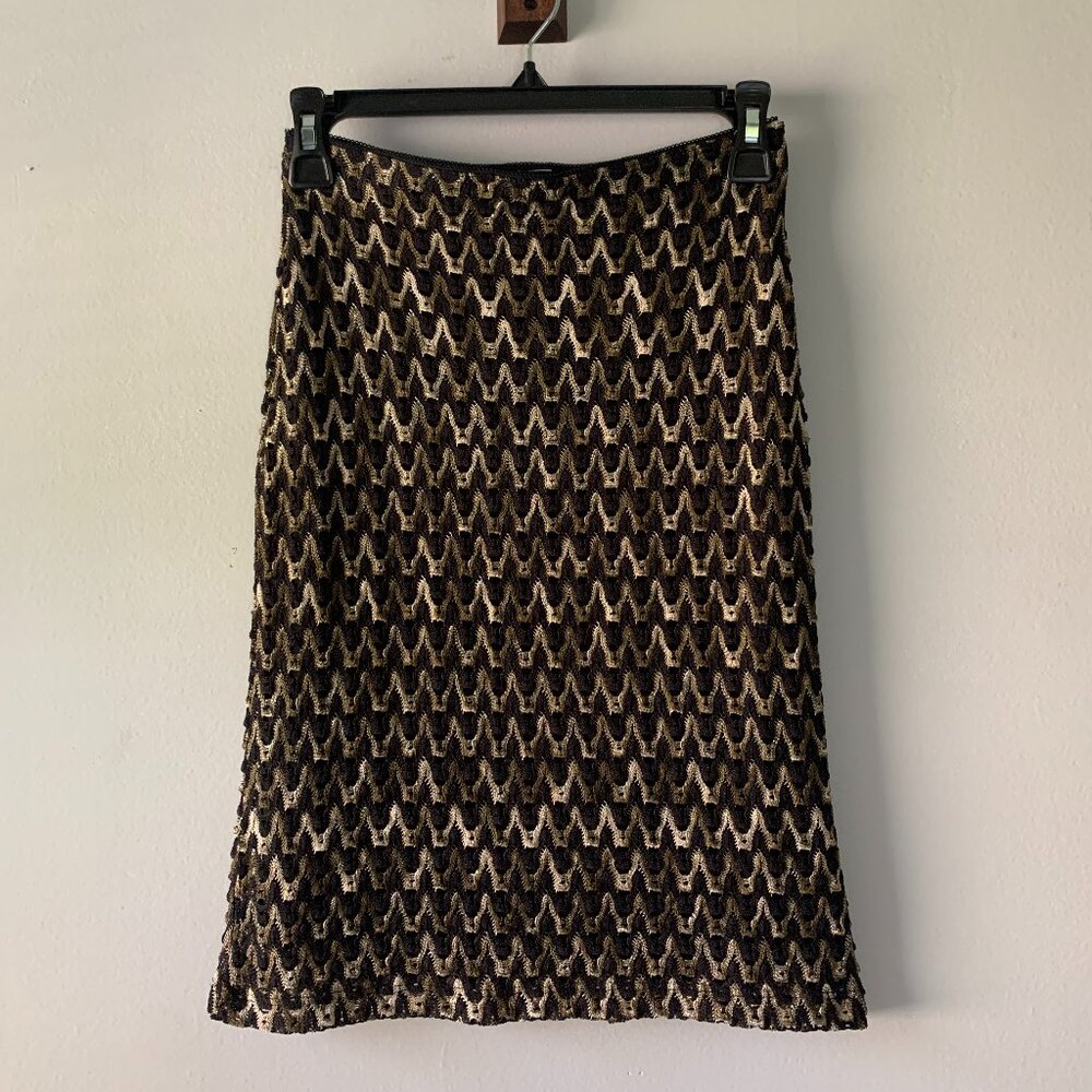 Vintage Le Parfait Knit Woven Brown Black Short Midi Skirt Women's Size Small S